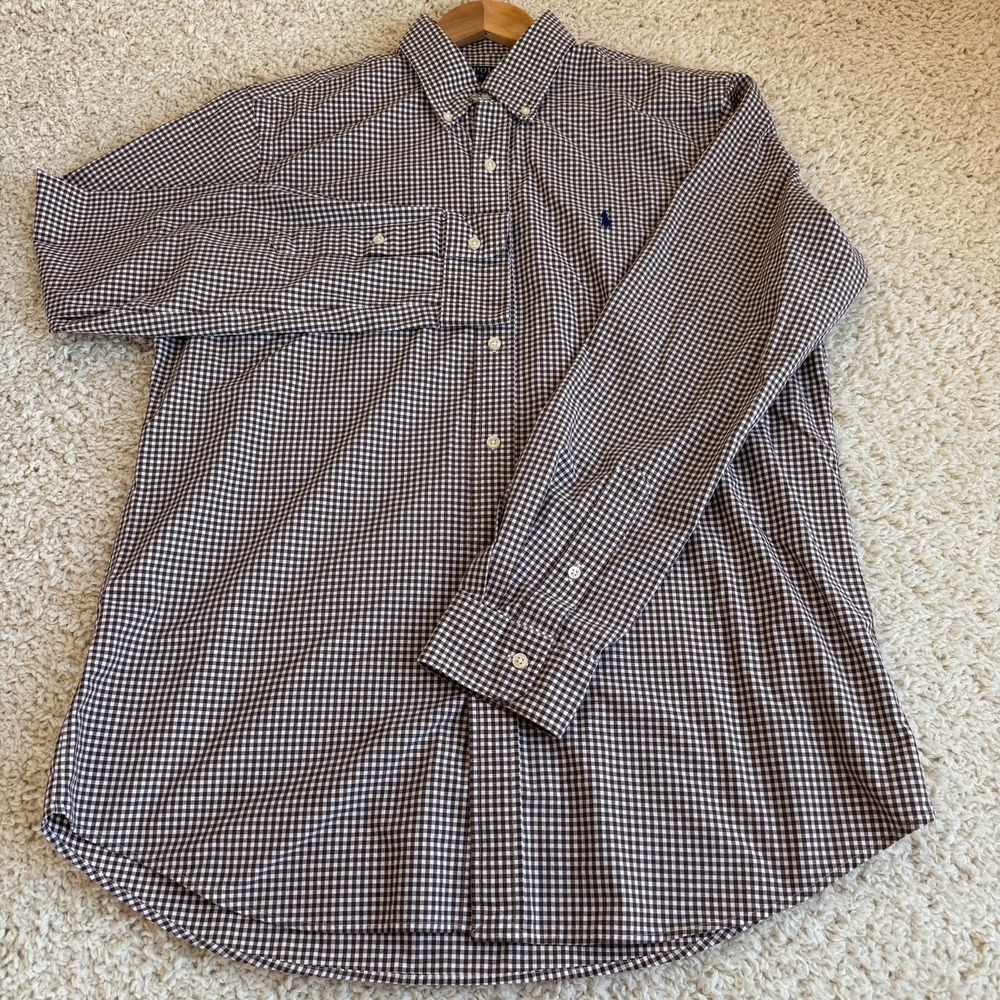 Polo Ralph Lauren Shirt Mens Large Brown Gingham Classic Fit Stretch Excellent